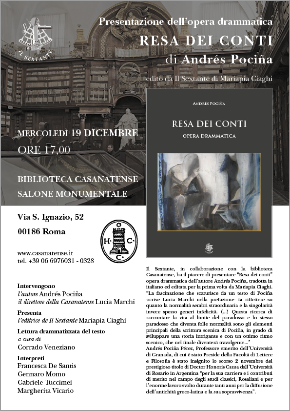 Il Sextante, in collaborazione con la biblioteca Casanatense, presenta “Resa dei conti” opera drammatica dell’autore Andrés Pociña.